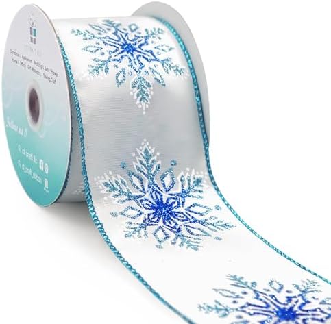 Amazon.com: HUIHUANG Snowflake Glitter Wired Ribbon, Blue and White ...