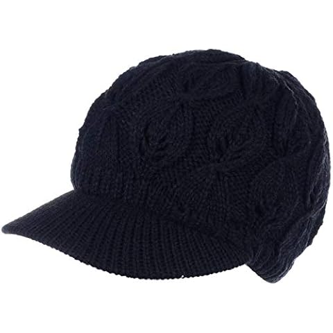 BYOS Womens Winter Warm Fleece Lined Knitted Beret Beanie Hat Cap w/Visor, Various Styles (Leafy Black) Cover