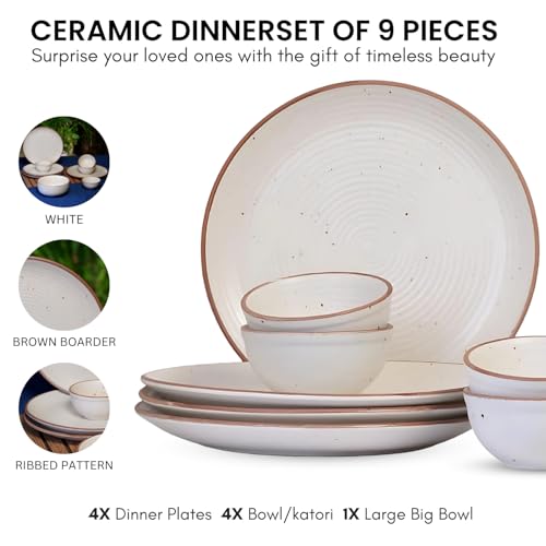 Image of Ribbed Ceramic Plates for Dinner with Katoris (9 Pieces, 4 Bowl & 4 Plates and 1 Large Serving Bowl Dishwasher & Microwave Safe) -Dinner Sets Ceramic Bowls Set Dinnerware Sets White