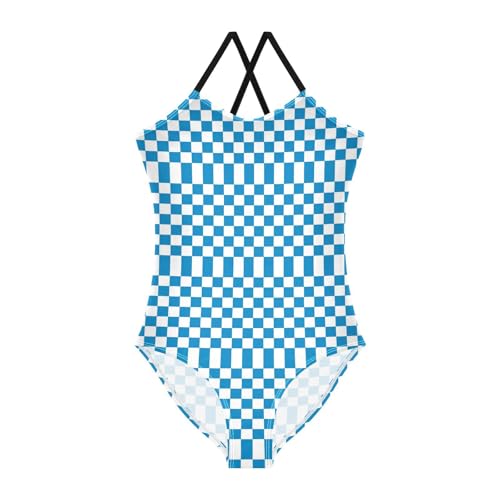 Image of Black and White Chess Girls One Piece Swimsuits Board Marble Tile Sport Halter Swimwear Beach Bathing Suit 3T