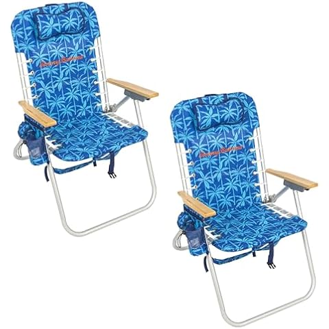 Tommy Bahama 2-Pack Hi-Boy 17" Seat Height 4-Position Lace-Up Suspension Folding Backpack Beach Chair, Blue Palms Cover