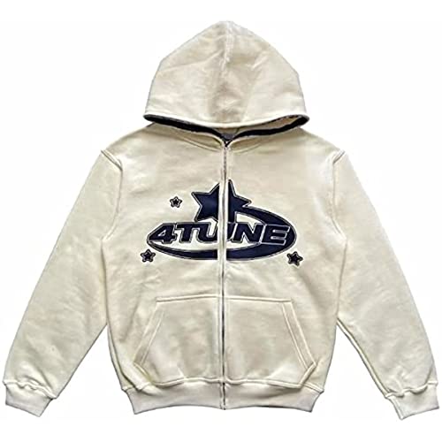 Hombres Y2K Cremallera con Capucha Jersey Estrella Chaqueta con Capucha Unisex con Capucha Moda de la Calle Cremallera Chaqueta Deportiva Estilo Deportivo Varsity Chaqueta (Blanco,L)