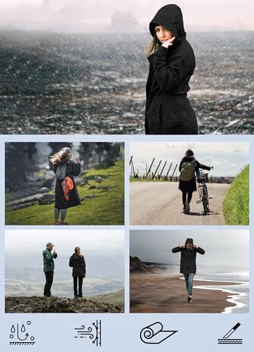 EnduaReve Regenjacke Damen Lang Wasserdicht Atmungsaktiv Regenmantel Übergangsjacke Kapuze Outdoor Jacke Schwarz M