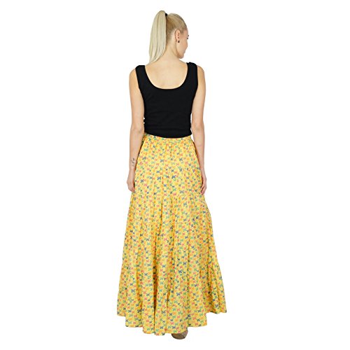 Bimba Womens Long Flaired Cotton Skirt Printed Boho Style Maxi Elastic Waist Bottoms Yellow #TOP3