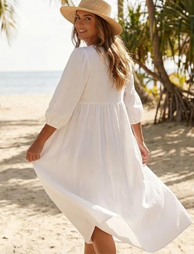 Image of Celmia Autumn Solid Loose Long Maxi Dress Cotton Caftan