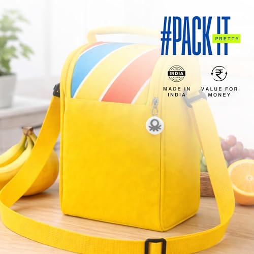 Image of United Colors of Benetton Lunch Bag for Women & Men, Insulated Bag, Tiffin Lunch Bag for Office /College /School, Bottle Holder, Lightweight, Durable Handles, Fits 3 Containers