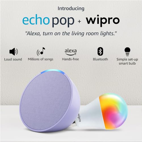 Image of Amazon Echo Pop (Purple) Smart Home Speaker Combo with Wipro Simple Setup 9W LED Smart Bulb | with Bluetooth and Alexa