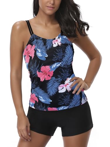 AYEEBOOY Tankini Damen Bauchweg Zweiteiler Sets Sommer Elegant Badeanzüge Oberteil mit Badeshorts Freizeit Bademode(18Bl...