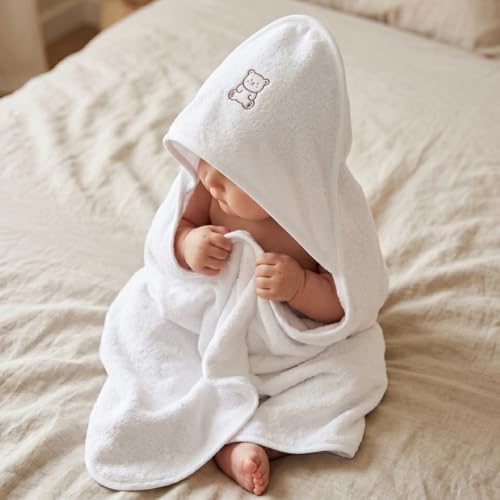 Image of Baby Hooded Towel Wrapper | Soft Terry Cotton | Baby Carry Towels for Newborns (0 - 1.5 Years) | 70 x 70 cm | Unisex | White