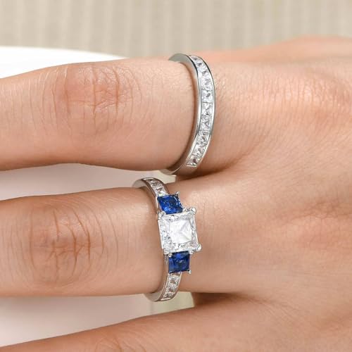 Wuziwen Three Stone Princess Cut Blue Simulated Sapphire and Cubic Zirconia Wedding Bridal Rings Set for Women 925 Sterling Silver Engagement Ring for Her4