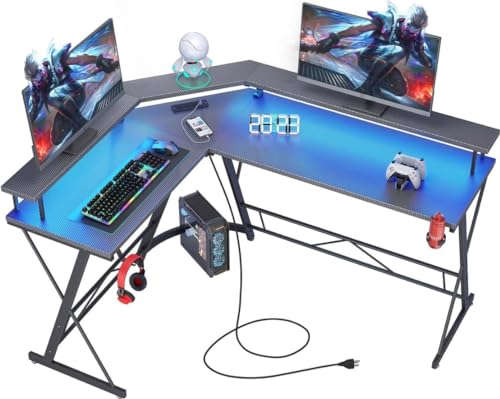 Yornoli Gaming Desk with Led Lights＆Power Outlet 147cm L Shaped Computer Corner Desk with Cup Holder＆Headphone Hook Home Office Desks with Large Monitor Stand Graphite Black