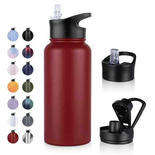 UMBFUN Insulated Water Bottle - 1L 2 Lids (Straw Lid and Spout Lid) - with Straw,Stainless Steel Double-Walled Insulated Vacuum Leakproof,BPA Free,Drink Flask for Travel Sports Gym Camping Hiking