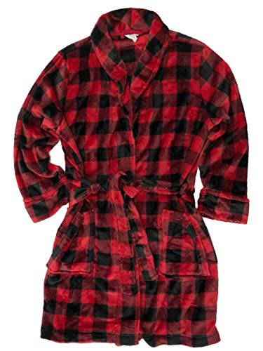 Womens Plush Red & Black Buffalo Plaid Bathrobe House Coat Bath Robe Large