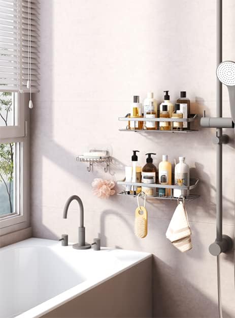 HapiRm 3 PACK Shower Caddy Basket With Soap Dish and 14 Hooks for Inside Shower, Adhesive Shampoo Holder Wall Mounted Shower Storage Shelf for Hanging Shower Ball, SUS304 Stainless Steel