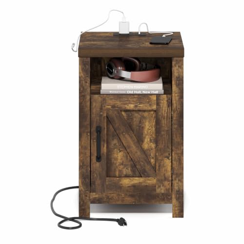 Furinno Farmhouse Nightstand with Charging Station, Bedside Table, Side Table, End Table with Door, USB Ports and Outlets, for Bedroom, Closet, Dorm, Amber Pine - image 4