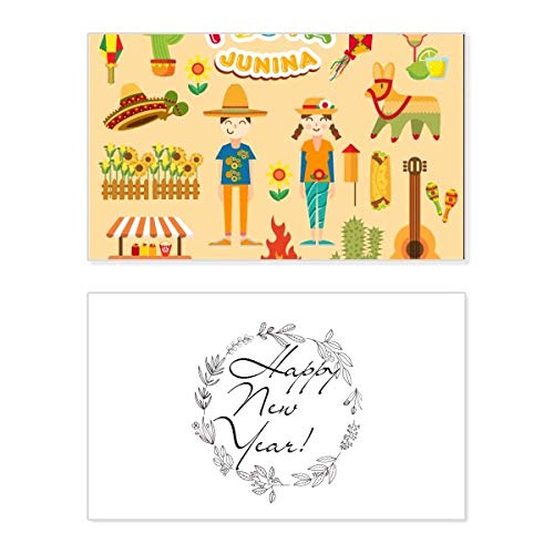 Tarjeta conmemorativa de Año Nuevo con ilustración festiva de cactus y guitarra