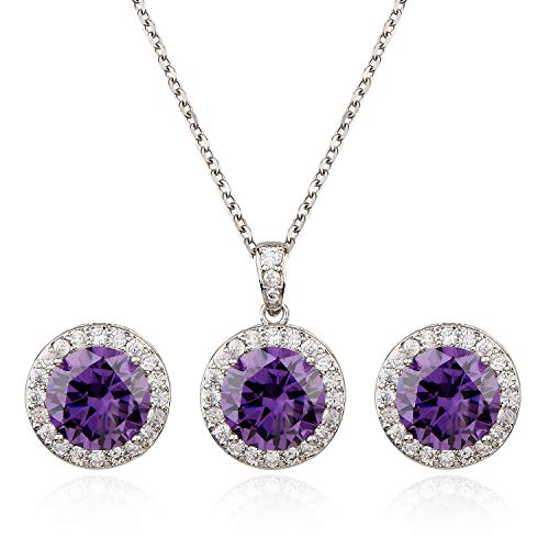 Amethyst Jewelry Set for Women - Sterling Silver Round Purple Violet Cubic Zirconia Crystal CZ Rhinestone Bridal Halo Pendant Necklace Earrings Set for Wedding Bride Bridesmaids Party Prom Girls