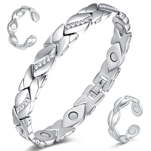 Cigmag Lymphdrainage Magnetarmband Damen Frauen Ultrastarke Magnete Titanstahl Magnetisches verstellbar mit Entnahmewerkzeug und Geschenkbox (Silber)