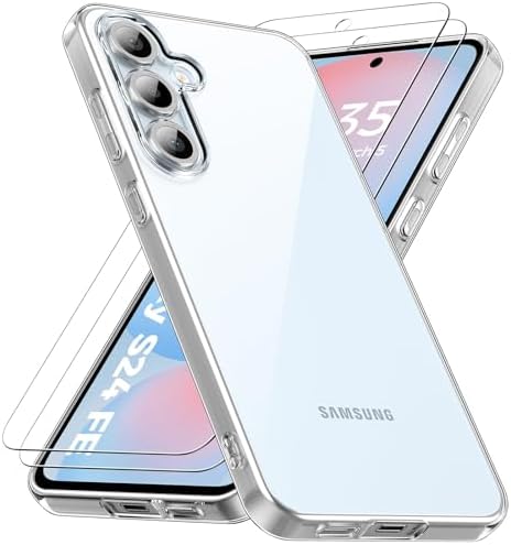 caslord Hülle für Samsung Galaxy S24 FE 6,7 Zoll, 1 Handyhülle mit 2 Stück Panzer Schutz Glas, Weiche TPU Silikon Transparent Stoßfest Schutzhülle Durchsichtige Kratzfest Handyhüll