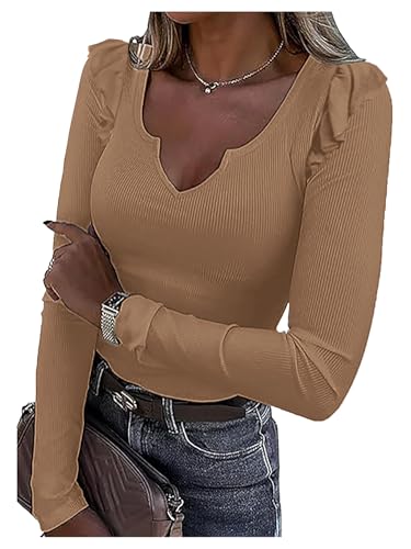 Ladybranch Women V Neck Ribbed Long Sleeve Shirt Fitted Basic Knit Top(Large Khaki)