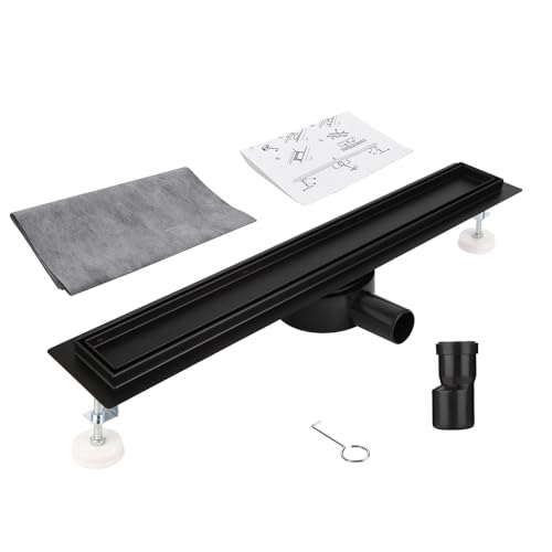 Kasloglow Duschrinne 80 cm Komplettset Schwarz, Edelstahl Ablaufrinne, Extra flache befliesbare Duschrinne mit Haarsieb, Geruchsstop und 360° Drehbar Siphon - Länge 30-120cm für bodenebene Duschen