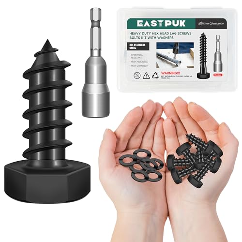 EASTPUK (15Sets) 3/8" x 1" Hex Head Lag Bolts, Heavy Duty Lag Screws with Washers, 304 Stainless Steel, 3/8 Bolt for Wood, Fully Thread, Black Oxide