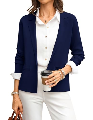 GRACE KARIN Women's Long Sleeve Blazers, Elegant Lapel V Neck Wedding Guest Cardigans, Casual Buttons Work Office Wear with Pockets CL081-05/Navy Blue M