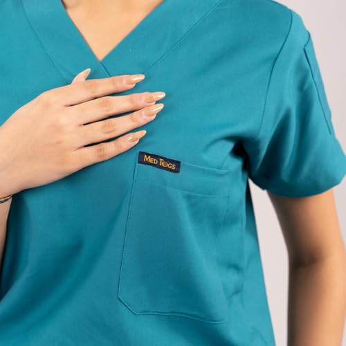 Image of MEDTOGS Everyday Women's New Gen Scrub Suit, Teal Blue, V-Neck Top and Bottom Set with Utility Sleev Pockets, Premium and Comfortable Medical Uniform