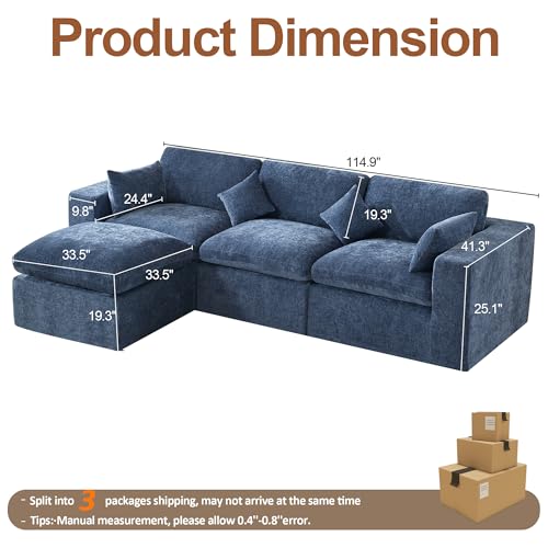 Image of 115''Cloud Boneless Sectional Couch, Modular Sectional Sofa Deep Seat with Ottoman, Oversized Upholstered Convertible Comfy 4 Seater Chenille Sofa L Shape Couches for Living Room, Blue