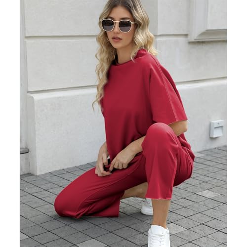 Image of SeeLuNa Women's Two Piece Outfits 3 /4 Batwing Sleeve Capelet Crew Neck Pullover Top Wide Leg Pants Lounge Set