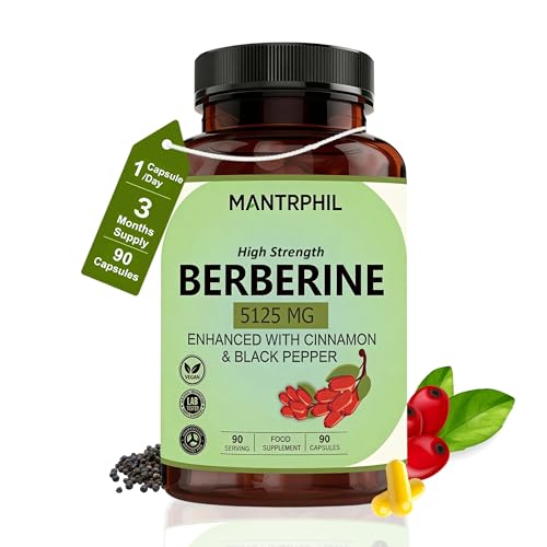 Berberine HCL High Strength Capsules (98% Pure) 5125 mg Total | 90 One-Daily Capsules | with Ceylon Cinnamon & Black Pepper | Lab Tested No Additives