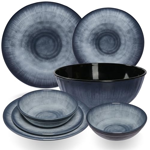 Service de vaisselle en mélamine Jesolo Gris pour 2 personnes 7 pièces - avec saladier Aspect grès Passe au lave-vaisselle Vaisselle de camping Accessoires de camping Vaisselle pour camping-car