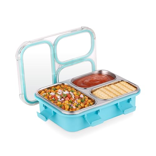 Image of ATTRO Trio Meal Stainless Steel Lunch Box with 3 Partition, Microwave Safe, Airtight Leakproof Silicone Seal Lid, BPA-Free Food Grade Tiffin Box for Office School Kids - 600ml - Blue