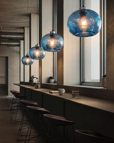 Image of CASAMOTION Hand Blown Glass Pendant Lights Kitchen Island Marble Blue Color Modern Rustic Style Ceiling Hanging Light Fixtures Dining Room Brushed Nickel 8.7 Inch Diameter 2 Pack