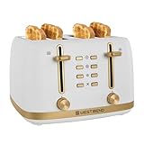 West Bend Timeless 4-Slice Toaster with 7 Browning Levels, Bagel/Waffle/Defrost Settings, High-Lift Lever, Anti-Jam, Easy-Clean Crumb Tray, 4-Slice, White/Gold