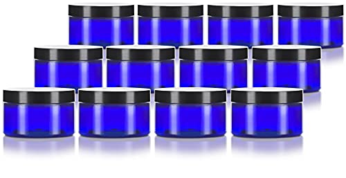 4 oz Cobalt Blue PET Plastic Low Profile Jar with Black Lids (12 pack) Refillable Empty Containers