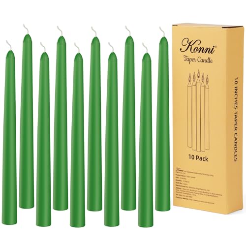 KONNI 0.87×10 Inch Green Taper Candles, Unscented and Smokeless Tall Candlesticks, 10 Pack Tapered Candles with Cotton Wicks, Long Burning, Ideal for Weddings, Dinner Parties, and Home Décor