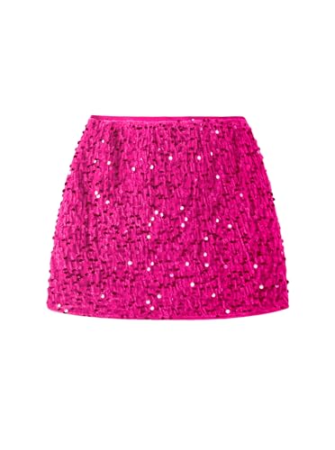 Ecolala Girls Sequin Skirt Cute Summer Glitter Sparkly Elastic Waist Metallic Skirts Rose Red 7-8 Years