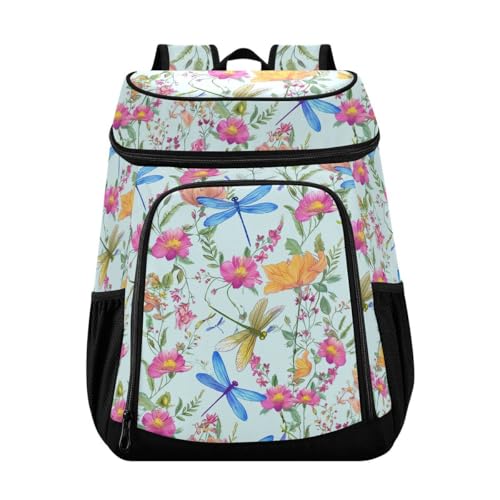 Dragonfly Flower Blue Cooler Backpack Leakproof Insulated Lunch Cooler Bag 30 Cans Camping Backpacks for Picnic Road Trip Beach