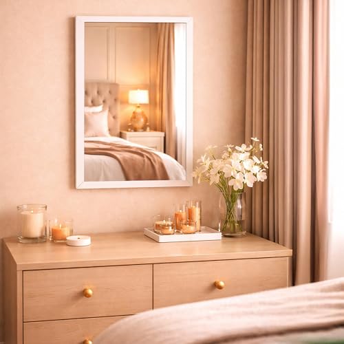 Image of Rousrie Premium Framed Glass Wall Mount Mirror, Decorative, for Bathroom, Bedroom, Living Room and Entryway, Wash Basin (14 by 20 Inch) (White)