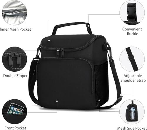 Image of Nylon Insulated Lunch Bag with Shoulder Strap, Large Capacity, Dual Compartment, Black (Black), 11 Liters