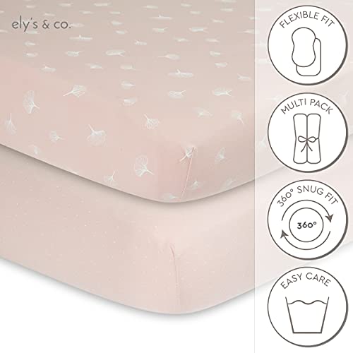 Ely’s & Co. Crib Sheet 2-Pack — Combed, 100% Jersey Cotton For Baby Girl — Rosewater Pink, Pin Dots & Gingko Leaves #TOP2
