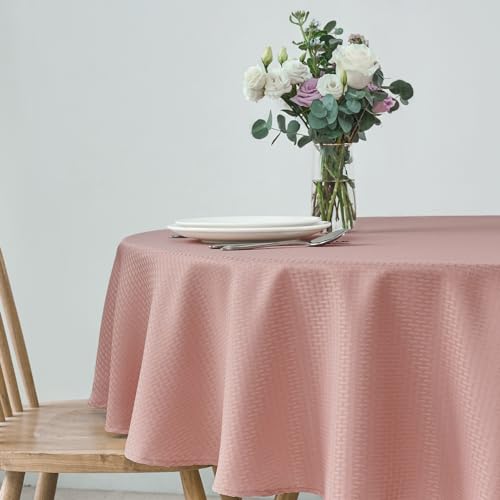 Image of maxmill Round Weaved Texture Design Tablecloth Spill-Proof Wrinkle Free Soft Washable Table Cloth for Circular Table Cover, for Dining Room Banquet Parties Holiday Dinner, 90 Inch Pale Blush