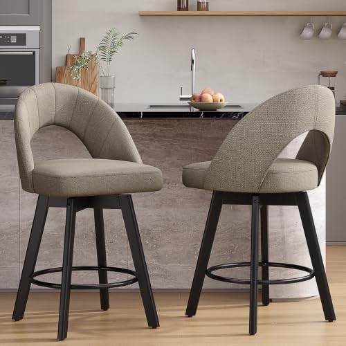 Image of YaFiti 24 inch Counter Height Swivel Bar Stools Set of 2, Oatmeal | Swivel Bar Stools with Ergonomic Curved Back, Fabric Upholstered Seat and Solid Wood Legs for Kitchen Island