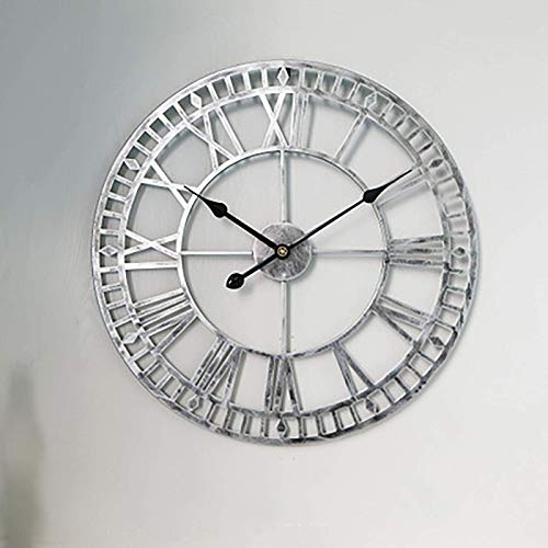 防水屋外時計ガーデン時計、レトロなローマ数字屋外壁掛け時計シンプルなアイアンアート屋外時計電池式サイレント屋外時計40cm、シルバー