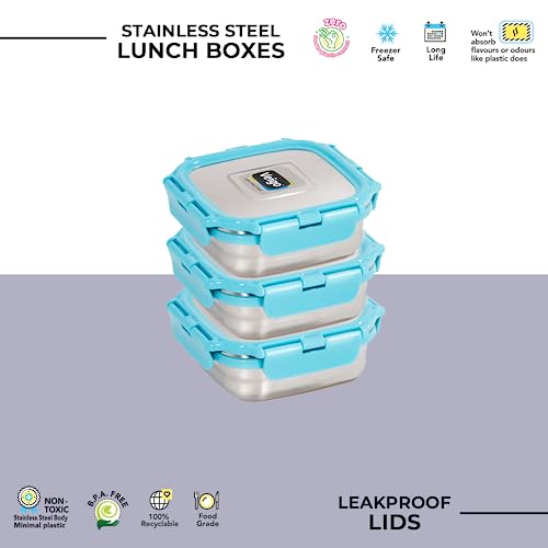 Image of Veigo Original Set Pack of 3 Stainless Steel Airtight & Leakproof Medium Lunch Box with Silicon Ring & Polymer Frame for Re-Heating|Safe Lid Lock|Square (330ML) Aqua Blue