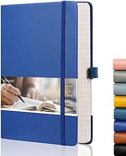 EMSHOI Dotted Notebook - 256 Pages A5 Dot Grid Notebook,120gsm Thick Paper,16 Perforated Pages, Bullet Journaling, Hardcover Leather Note Book for Work, Inner Pocket, Pen Loop 5.75'' X 8.38''-Blue