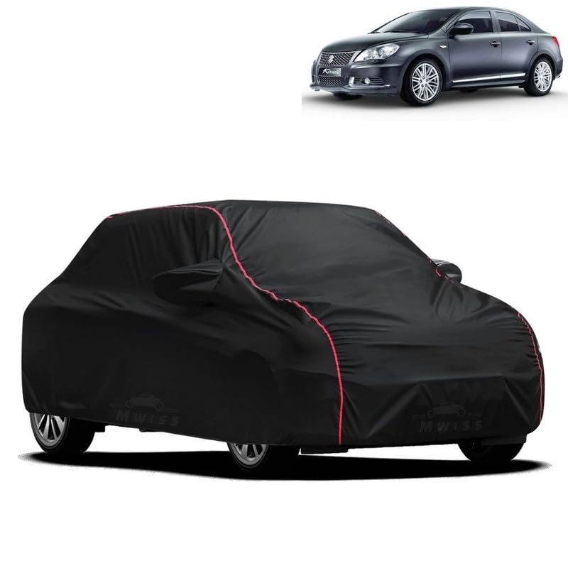 Image of Waterproof Car Cover for Maruti Suzuki Kizashi | All-Weather Protection, Dustproof & UV Resistant | Triple Stitched Mirror Pockets, Windproof Buckle Strap with Elastic Hem, Black-Red Piping