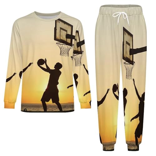 Playing Basketball at Sunset Men’s Pajama Set Long Sleeve Top And Pants Loungewear Sleepwear Pjs Nightwear3