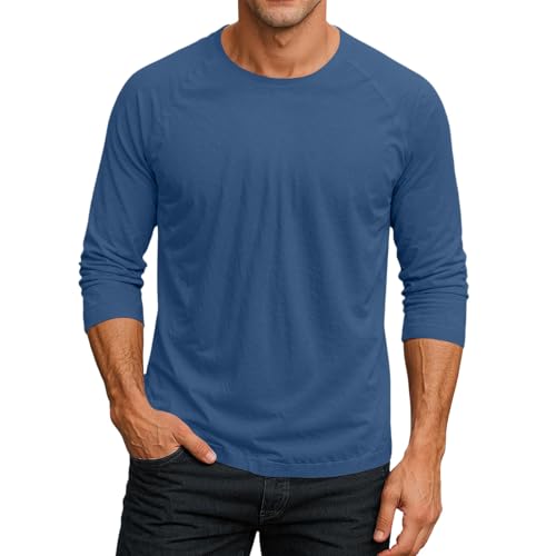 Tshirts Men UK 3/4 Sleeve Crew Neck Mens Shirts Lightweight Plain Colour Simple Gym Top Breathable Lightweight Regular Fit Summer Spring Fathers Day Blue M